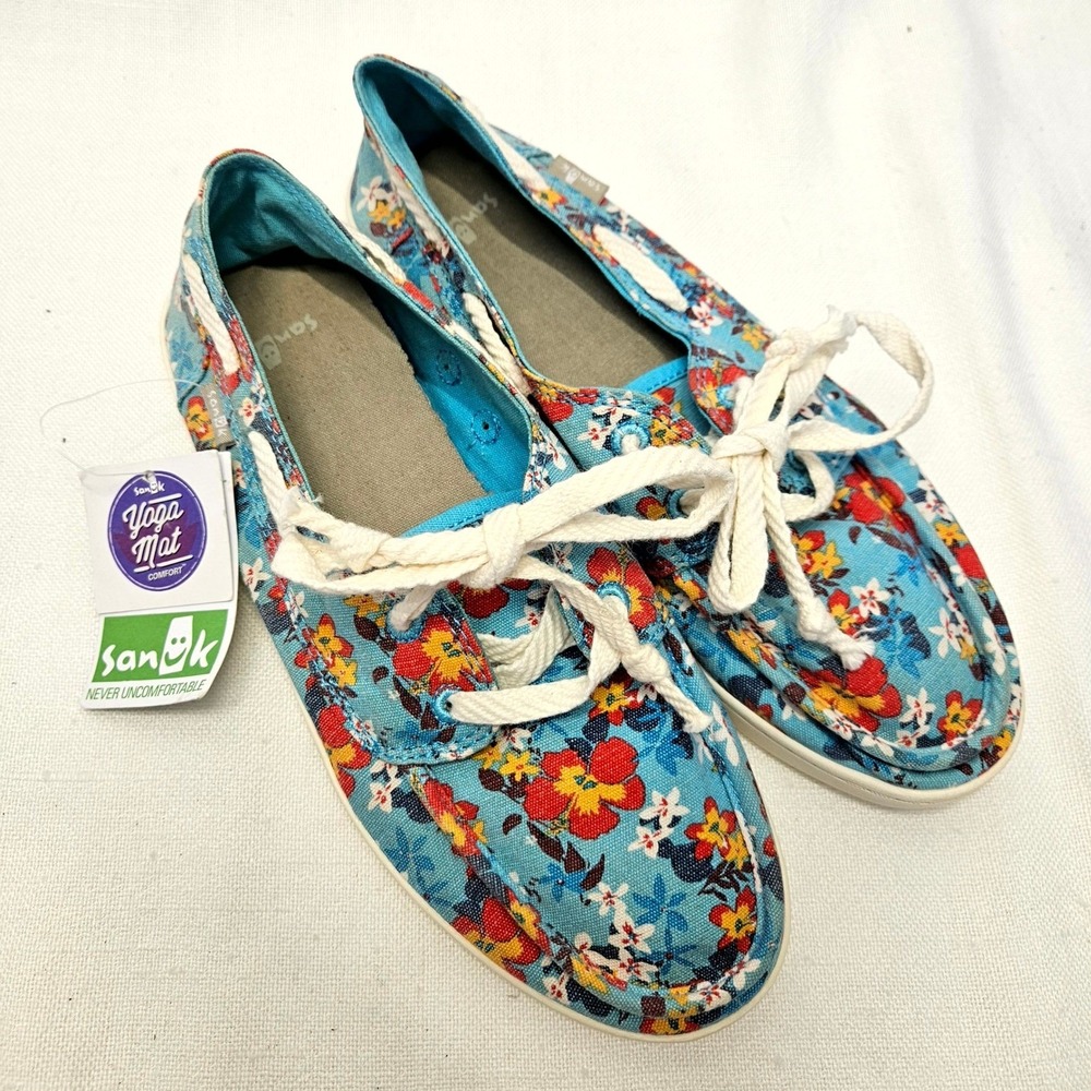 Sanuk Pair O Sail Prints Boat Shoes Womens 7 Blue Floral Canvas Yoga Mat Comfort